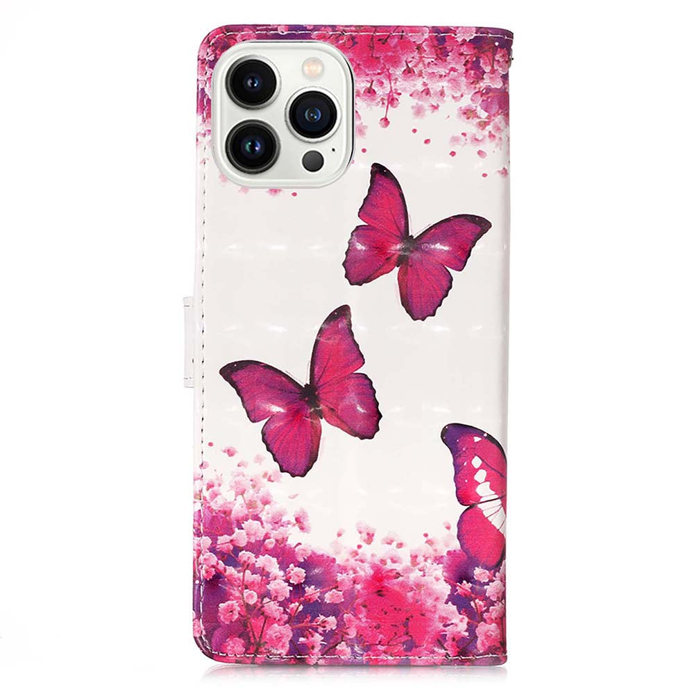 YB Pattern Printing Leather Series-2 for iPhone 15 Pro Max Wallet Phone Case 3D Pattern Printed Stand Cover - Rose Butterflies YB Pattern Printing Leather Series-2 for iPhone 15 Pro Max Wallet Phone Case 3D Pattern Printed Stand Cover - Rose Butterflies